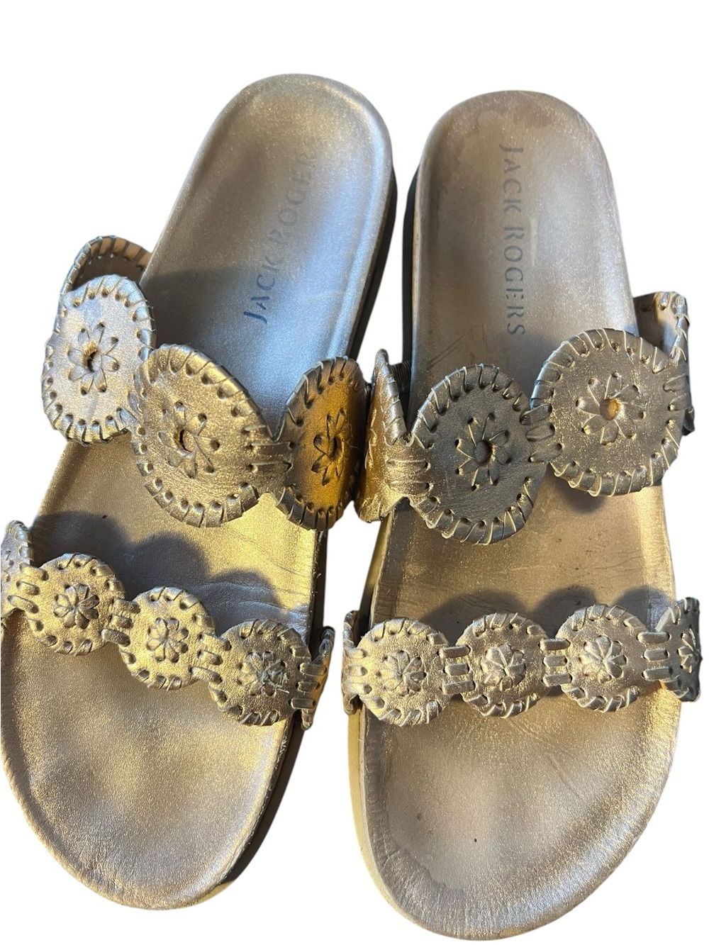 Jack Rogers 10 Rose Gold Leather Double Strap Slide Sandals Whipstitch Medallion - Picture 4 of 5